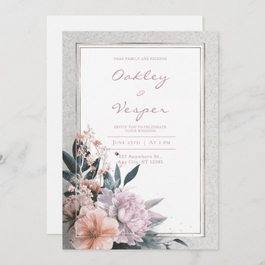 ソフトピンクの植物体結婚枠 招待状 (正面/裏面)
