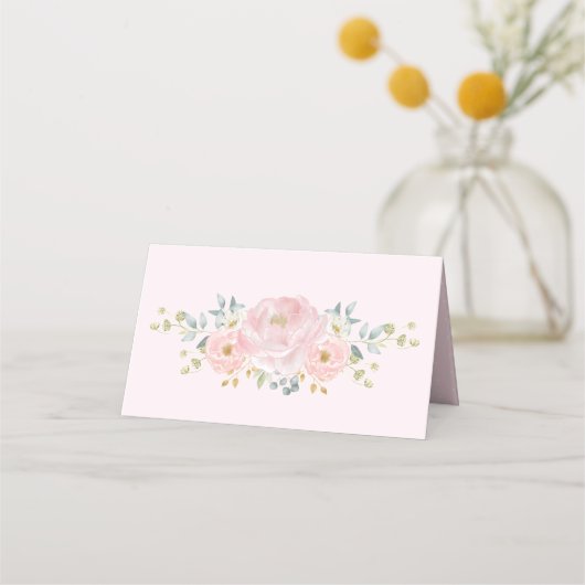 ソフトピンクの水の色のフローラの緑結婚色 プレイスカード (裏面)