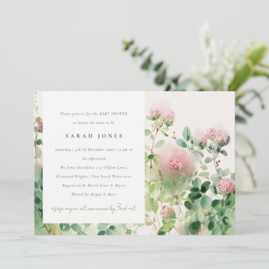 ソフトピンクの水の色のフローラガーデンベビーシャワー 招待状 (スタンド正面)