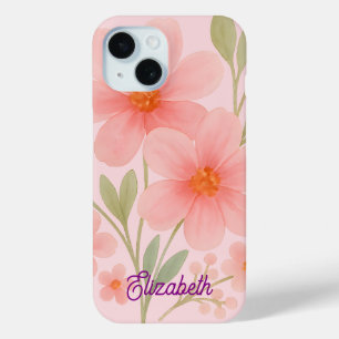 ソフトピンクの水の色のフローラルパターンイラストレーション iPhone 15ケース