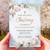 ソフトピンクの水の色の花の緑の《キリスト教》洗礼式や命名式 招待状