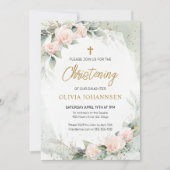 ソフトピンクの水の色の花の緑の《キリスト教》洗礼式や命名式 招待状 (正面)