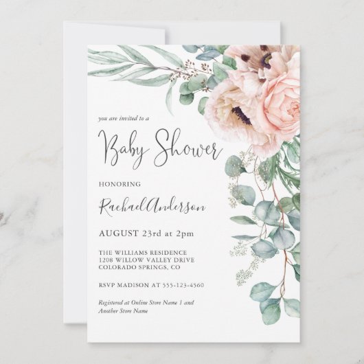 ソフトピンクの水カラーフローラガールベビーシャワー 招待状 (正面)