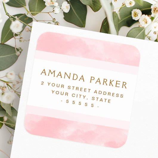 ソフトピンクの水カラー差出人住所ラベル スクエアシール