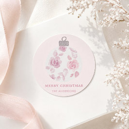 ソフトピンクの水彩フラワークリスマスオーナメント ラウンドシール
