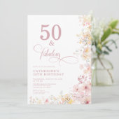 ソフトピンクの水彩画風 50歳の誕生日招待状 招待状 (スタンド正面)