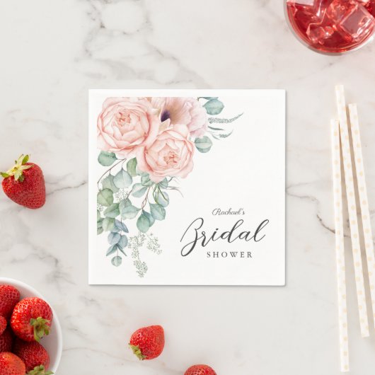 ソフトピンクの水彩花のブライダルシャワー スタンダードカクテルナプキン (インサイチュ)