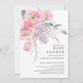 ソフトピンクの水彩花のベビーガールシャワー 招待状 (正面)