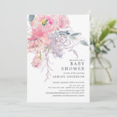 ソフトピンクの水彩花のベビーガールシャワー 招待状 (スタンド正面)