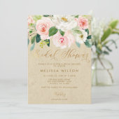ソフトピンクの水彩花柄のクラフト紙を使った、かわいいウェディングシャワーパーティーの装飾 招待状 (スタンド正面)