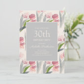 ソフトピンクの水彩花 チューリップ 30歳の誕生日 招待状 (スタンド正面)