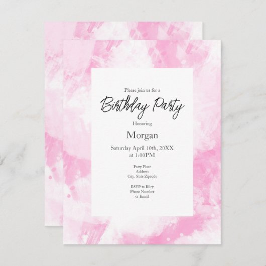 ソフトピンクの白い抽象芸術ブラシストローク 招待状 (正面/裏面)
