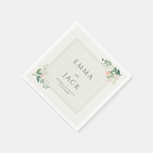 ソフトピンクの緑の名前と日付結婚の スタンダードカクテルナプキン (角)