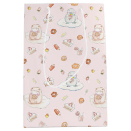 ソフトピンクの羊とペンギンのデザートパターン ミディアムペーパーバッグ