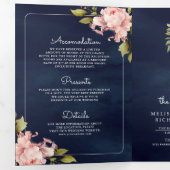 ソフトピンクの芍薬のメイソンジャーQRコードネイビーの結婚式 三つ折り招待状 (内部最初)