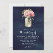 ソフトピンクの芍薬のメイソンジャーQRコードネイビーの結婚式 招待状 (正面)