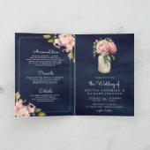 ソフトピンクの芍薬のメイソンジャーQRコードネイビーの結婚式 招待状 (内部)
