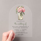ソフトピンクの芍薬の花のメイソンジャー ウェディング アクリル招待状 (インサイチュ (ポータブル))