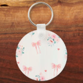 ソフトピンクの花とリボンパターン - かわいいロマンティックなデザイン キーホルダー (正面)