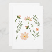 ソフトピンクの花と緑の要素 招待状 (正面/裏面)