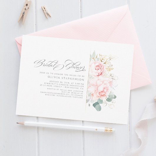 ソフトピンクの花と金ゴールド緑のブライダルシャワー 招待状