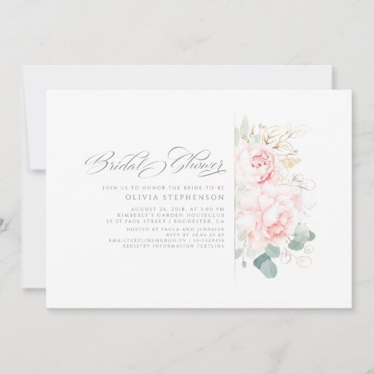 ソフトピンクの花と金ゴールド緑のブライダルシャワー 招待状 (正面)