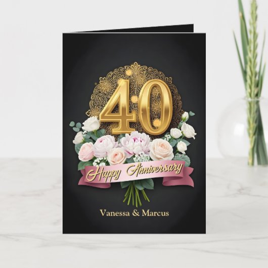 ソフトピンクの花と金ゴールド40結婚周年 カード (正面)