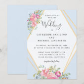 ソフトピンクの花のゴールドフレーム水彩ウェディング 招待状 (正面/裏面)