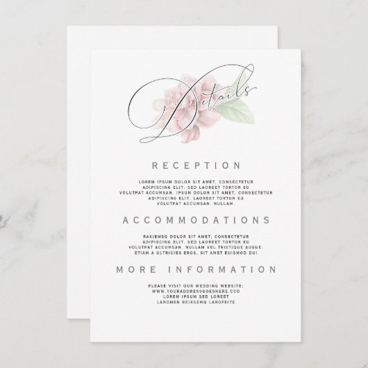 ソフトピンクの花のタイポグラフィー結婚式情報 エンクロージャーカード (正面/裏面)