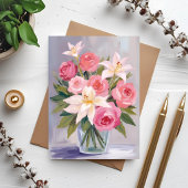 ソフトピンクの花の水彩ブーケ 高級感のあるカード