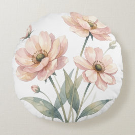 ソフトピンクの花の水彩画ブーケアート ラウンドクッション
