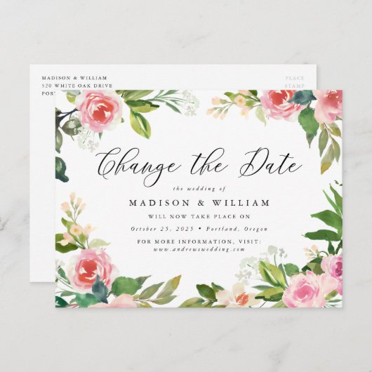ソフトピンクの花の結婚式延期のお知らせ 案内ポストカード (正面/裏面)