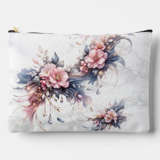 ソフトピンクの花の贅沢アート(ゴールドのアクセント付き) アクセサリーポーチ