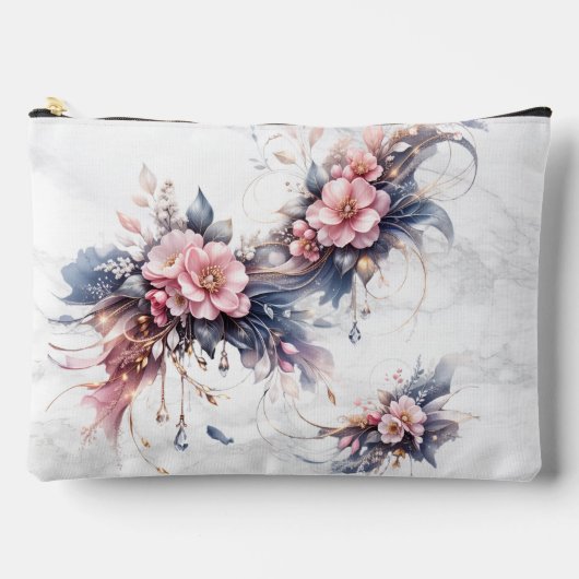 ソフトピンクの花の贅沢アート(ゴールドのアクセント付き) アクセサリーポーチ (正面)