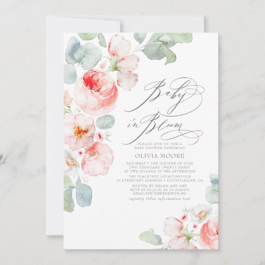 ソフトピンクの花ボホエレガントガールベビーシャワー 招待状 (正面)