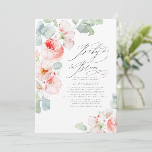 ソフトピンクの花ボホエレガントガールベビーシャワー 招待状 (スタンド正面)