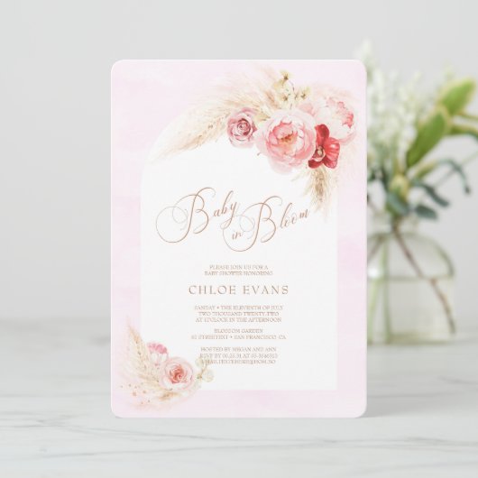 ソフトピンクの花ボホエレガントガールベビーシャワーI 招待状 (スタンド正面)