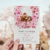 ソフトピンクの花柄で眠るテディベア ベビーシャワー 招待状