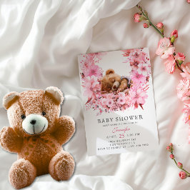 ソフトピンクの花柄で眠るテディベア ベビーシャワー 招待状