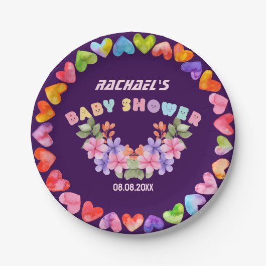 ソフトピンクの花柄ガールベビーシャワー ペーパープレート (正面)