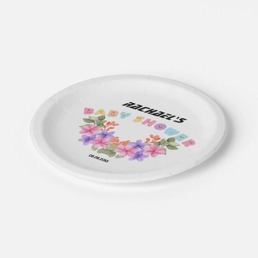 ソフトピンクの花柄ガールベビーシャワー ペーパープレート (アングル)