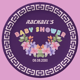 ソフトピンクの花柄ガールベビーシャワー ペーパープレート