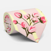 ソフトピンクの花柄ストライプ模様 ネクタイ (ロール)