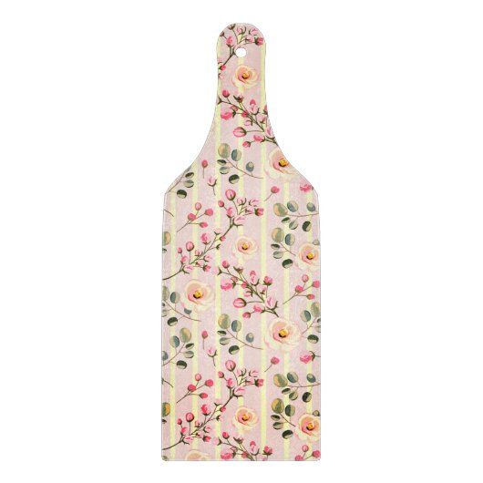 ソフトピンクの花柄ストライプ カッティングボード (正面)