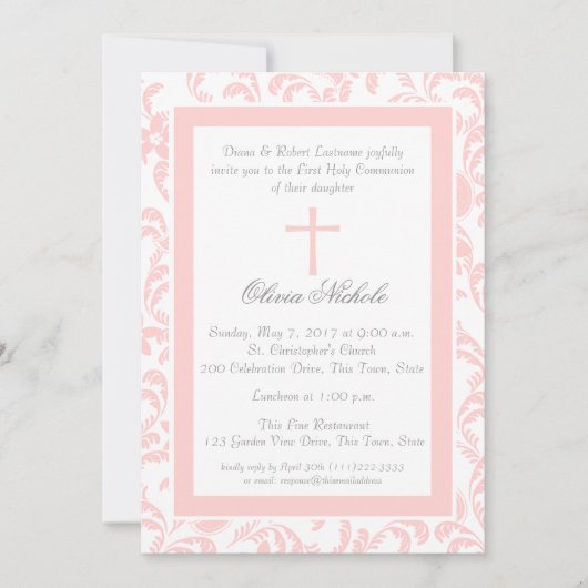 ソフトピンクの花柄パイスローイ初の聖体拝領 招待状 (正面)
