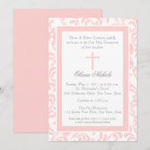 ソフトピンクの花柄パイスローイ初の聖体拝領 招待状 (正面/裏面)