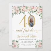 ソフトピンクの花柄写真40歳誕生日招待状 招待状 (正面)