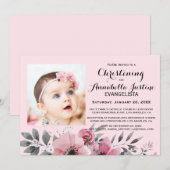 ソフトピンクの花柄　洗練されたデザインの命名式招待状 招待状 (正面/裏面)