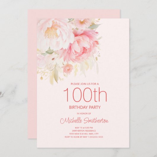 ソフトピンクの花100誕生日 招待状 (正面/裏面)