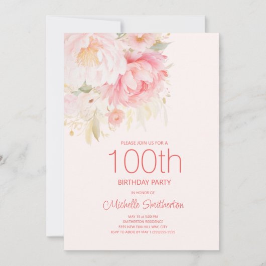 ソフトピンクの花 100歳の誕生日 招待状 (正面)